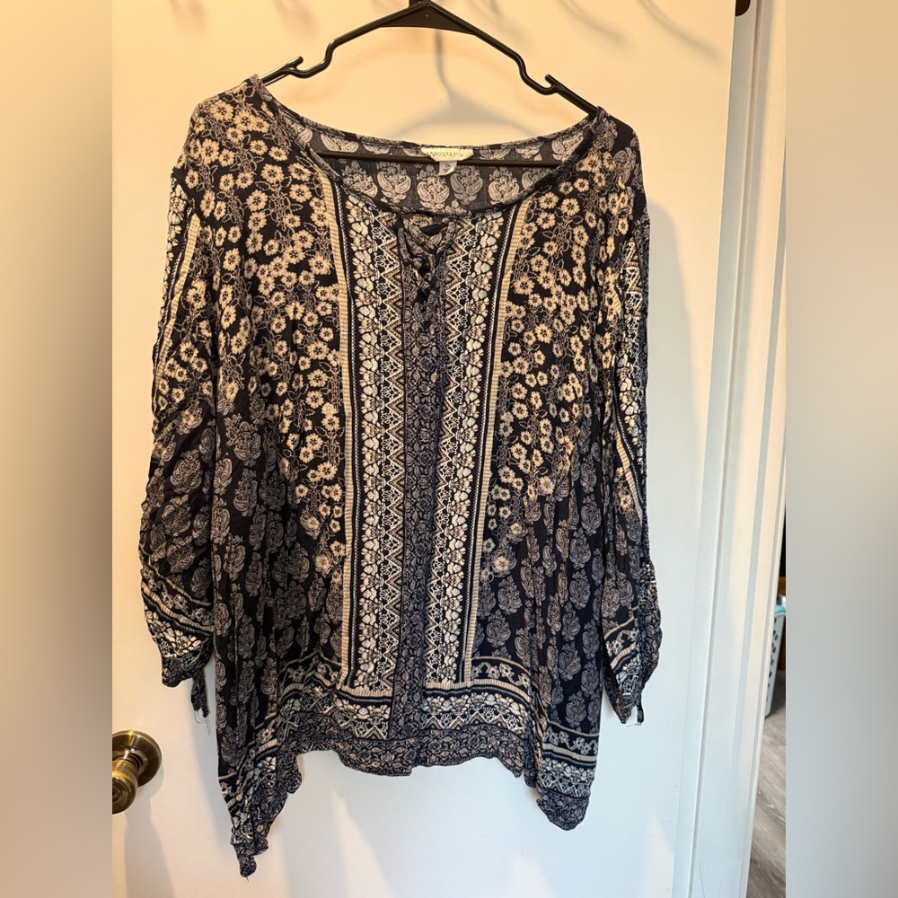 Westport Floral Lace-Up Blouse - Black and Cream